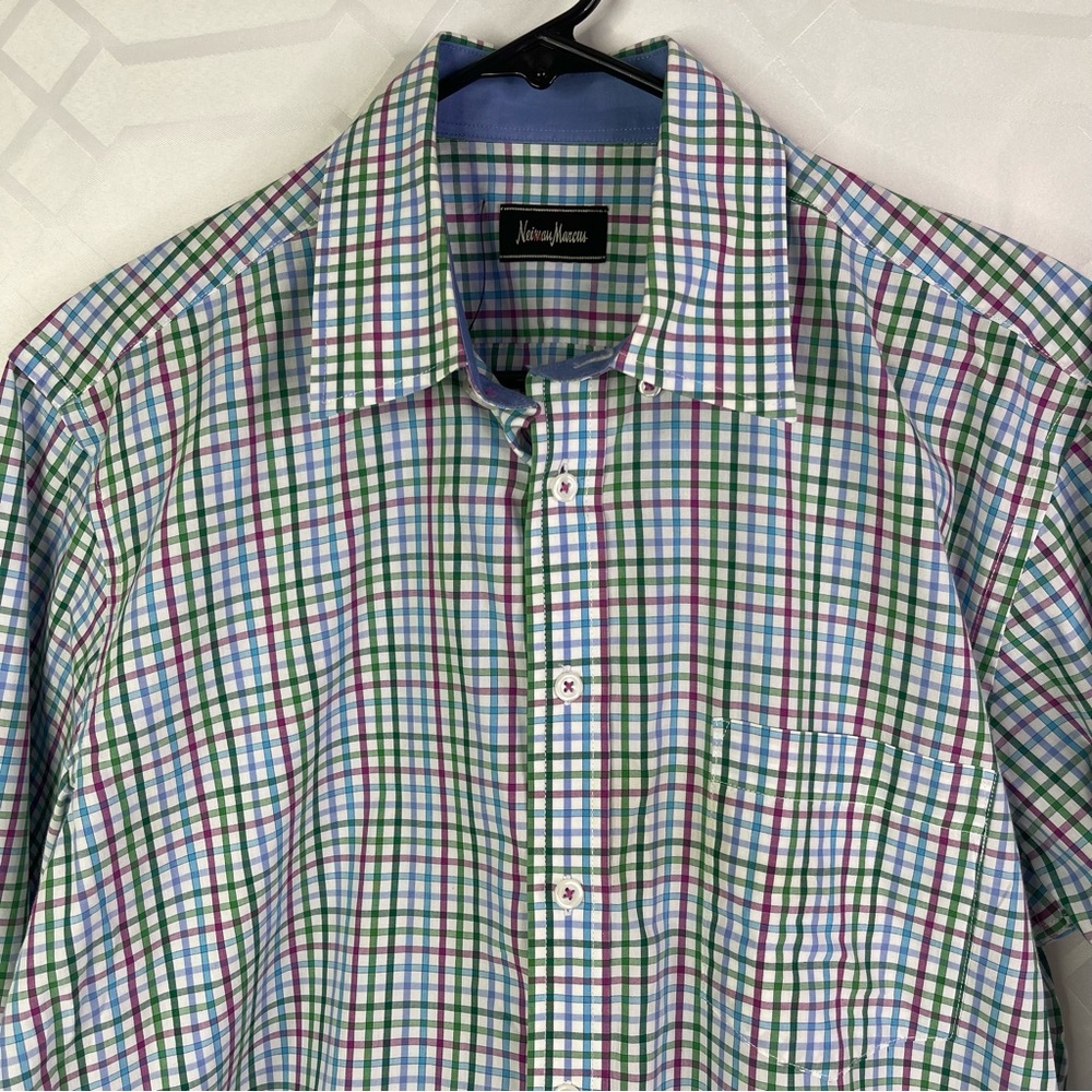Neiman Marcus Blue Green Purple Tattersall Plaid Cotton Button Down Shirt M